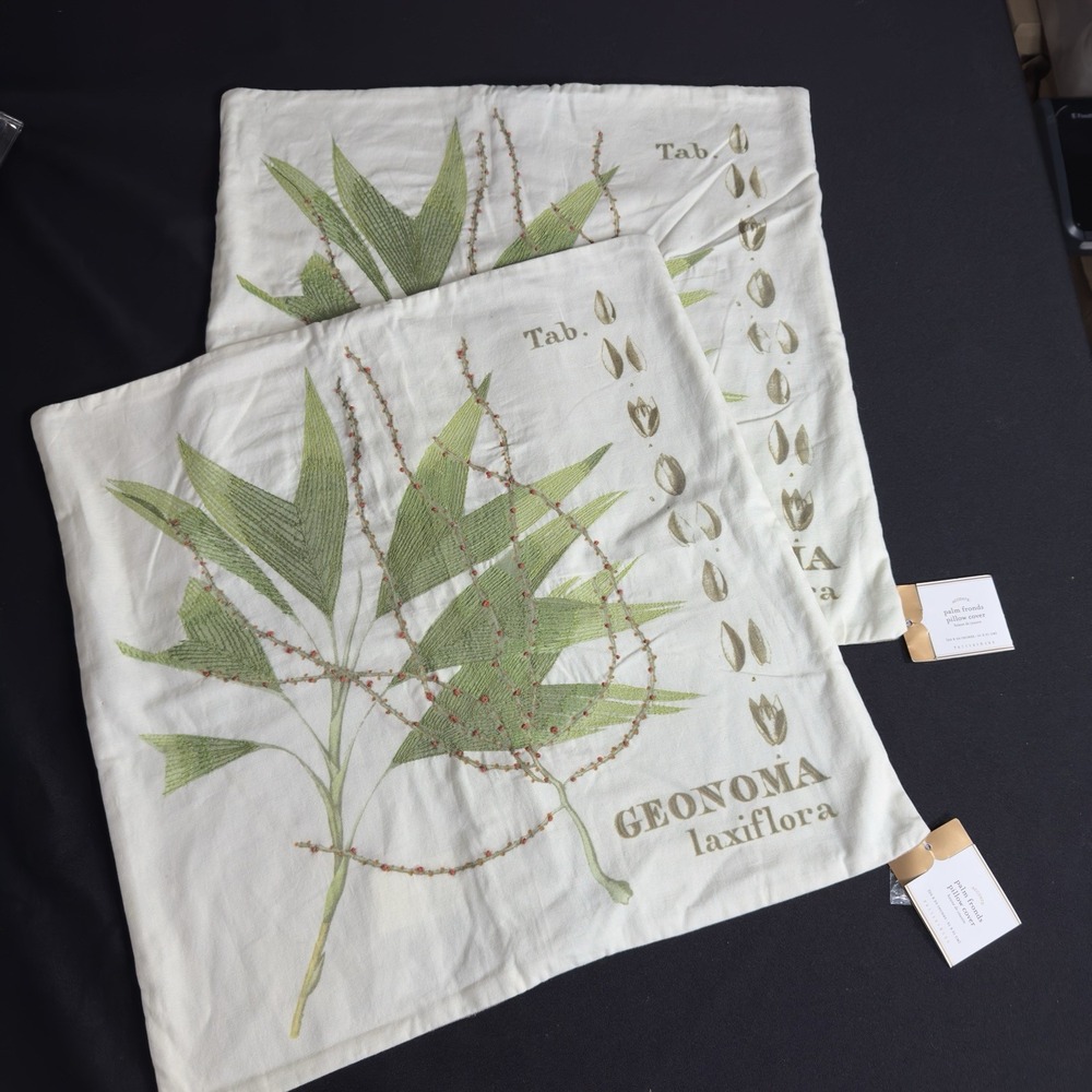 NOS Pottery Barn Botanical Fern Palms Embroidered 20" Pillow Cover Set Of 2